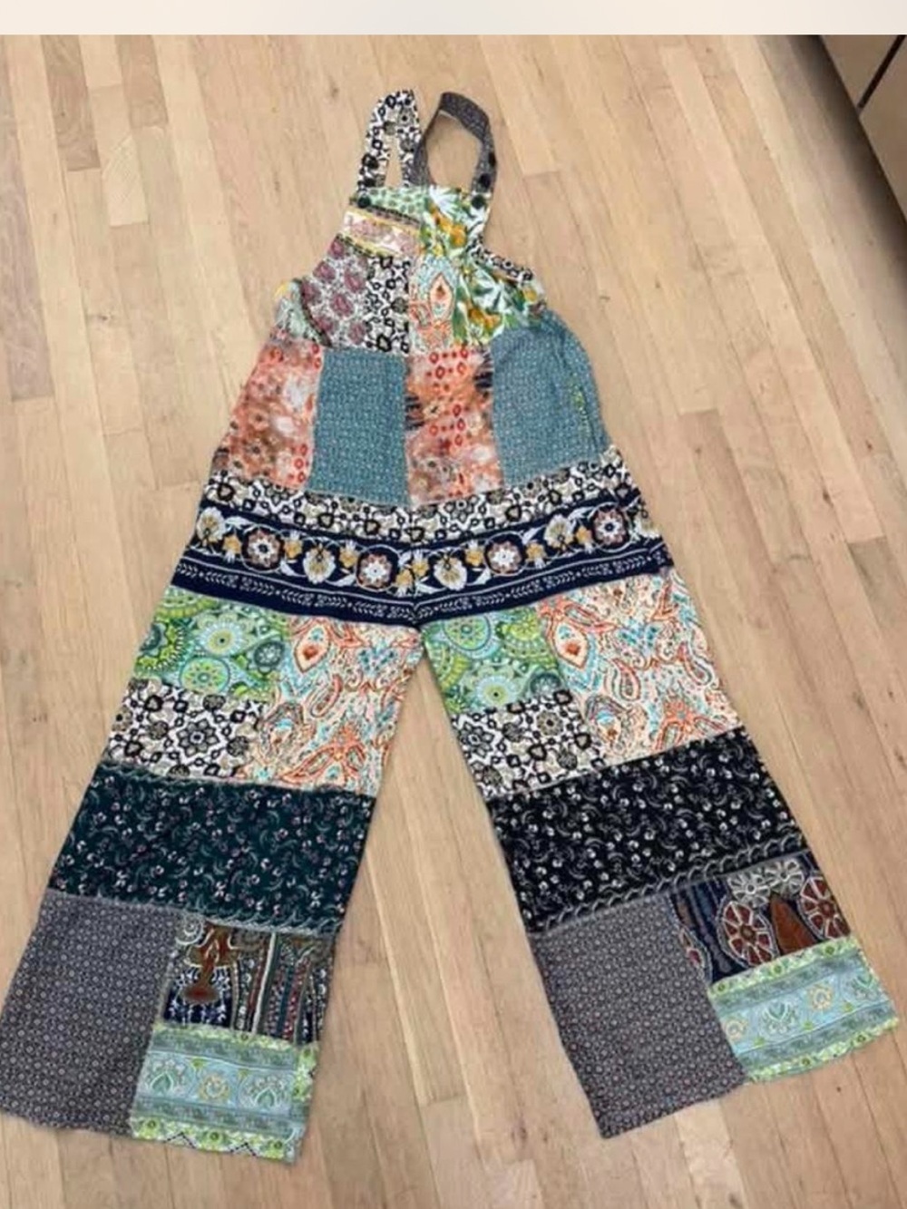 Yak n yeti Bohemian Patchwork Wide-Leg Jumpsuit in Green & Blue